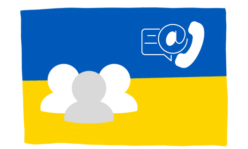 Symbolbild: Illustrierte Menschen vor ukrainischer Flagge