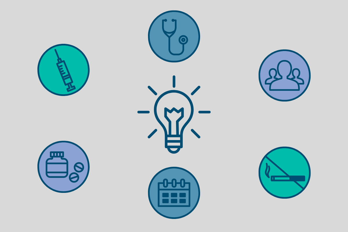 Symbolbild: Illustrierte Symbole aus dem Gesundheitswesen um eine Glühbirne